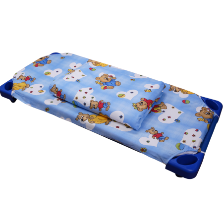 Lenjerie 2 piese pătuț stivuibil(133x58 cm) pentru grădiniță sau creșă, bumbac 100%, model Ursuleți pe fond bleu [1]