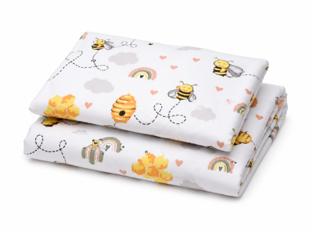 Lenjerie 2 piese pătuț stivuibil 133x58 cm grădiniță sau creșă, bumbac 100%, model albinuțe