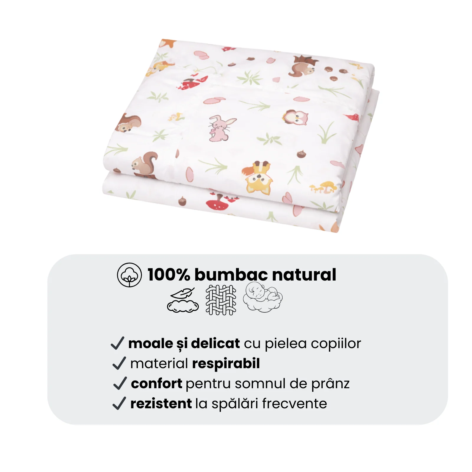 Lenjerie 3 piese pătuț creșă sau grădiniță, 120x60 cm, bumbac 100%, model Animăluțe și Ciuperci [4]