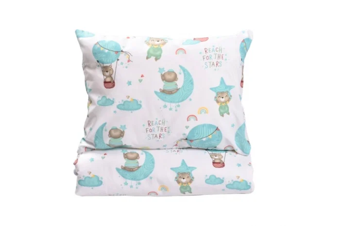 Lenjerie Pat Copii - Lenjerie 3 piese pătuț creșă sau grădiniță, 120x60 cm, bumbac 100%, model Ursuleți în balon