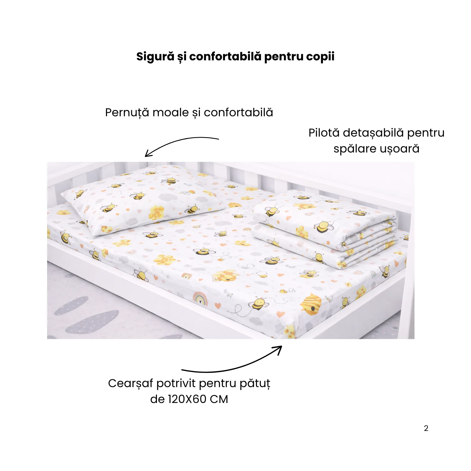 Lenjerie 3 piese pătuț creșă sau grădiniță, 120x60 cm, bumbac 100%, model Albinuțe [1]