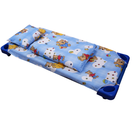 Noutati - Lenjerie 3 piese pătuț stivuibil bumbac 100% standard, model ursuleți pe fond bleu