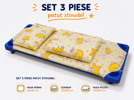Lenjerie 3 piese patut stivuibil bumbac 100% standard, model ursuleti pe fond galben [1]