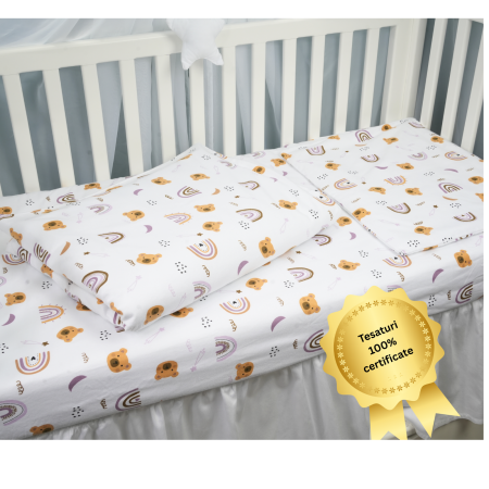Lenjerie Landou / Lenjerie Cosulet Bebe - Lenjerie 3 piese bumbac finet 1005 model ursuleti maro patut 120x60 cm