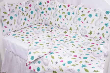 Paturici si lenjerii - Lenjerie 6 piese patut 120x60 cm bumbac 100% model iepurasi si flori