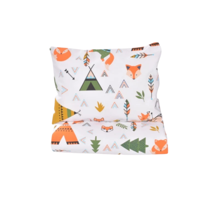 Lenjerie 5 piese pătuț creșă sau grădiniță, 120x60 cm, bumbac 100%, model Animăluțe și vulpițe