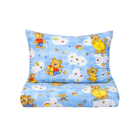 Set Lenjerie Patut Bebe 5 Piese - Lenjerie 5 piese pătuț creșă sau grădiniță, 120x60 cm, bumbac standard, model Ursuleti pe fond bleu