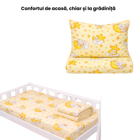 Lenjerie 5 piese pătuț creșă sau grădiniță, 120x60 cm, bumbac standard, model Ursuleti pe fond galben [1]