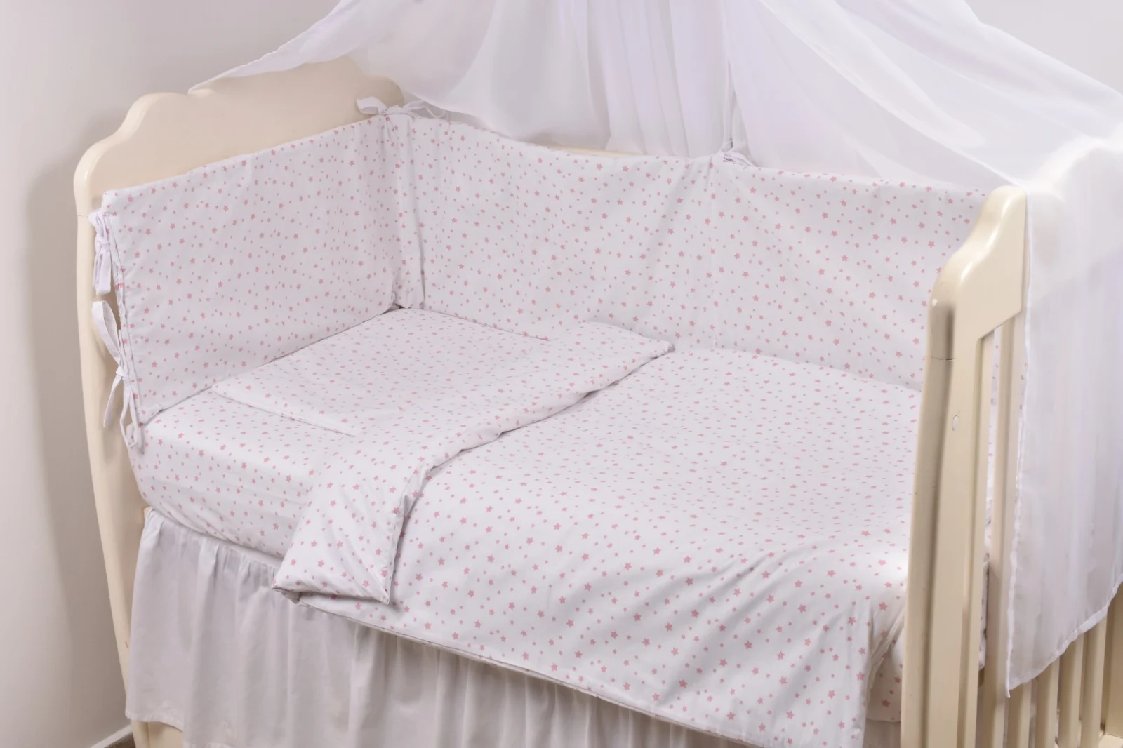 Saltea Bebelusi 120/60 - Lenjerie 6 piese pătuț 120x60 cm, bumbac 100%, model Steluțe roz