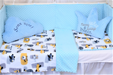 Set complet 7 piese model elicoptere si plus minky bleu patut 120x60 cm [3]