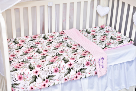 Lenjerie Patut Bebe 140x70 - Lenjerie 3 piese, patut 140x70 cm model trandafiri si plus minky roz pal