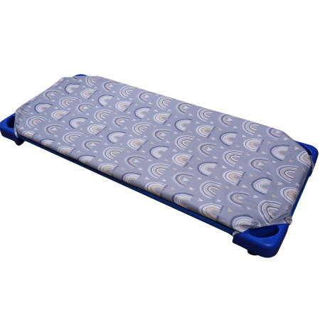 Lenjerie pat stivuibil grădiniță, 131x55x3 cm, 2 piese( cearșaf și husă pilotă), bumbac 100%, confortabilă, multicolor, model Curcubee pe fond bleu [1]