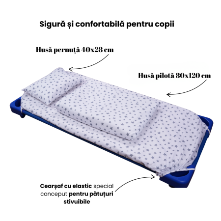 Lenjerie pat stivuibil grădiniță, 131x55x3 cm, 3 piese( cearșaf, husă pernă, husă pilotă), bumbac 100%, confortabilă, multicolor, model Steluțe bleu [1]