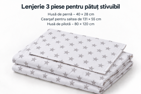 Lenjerie pat stivuibil grădiniță, 131x55x3 cm, 3 piese( cearșaf, husă pernă, husă pilotă), bumbac 100%, confortabilă, multicolor, model Steluțe Gri [1]