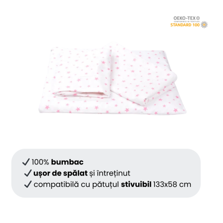 Lenjerie pat stivuibil grădiniță, 131x55x3 cm, 3 piese( cearșaf, husă pernă, husă pilotă), bumbac 100%, confortabilă, multicolor, model Steluțe roz [3]