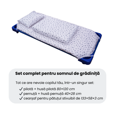 Lenjerie pat stivuibil grădiniță, 131x55x3 cm, 5 piese, set complet, bumbac 100%, confortabilă, multicolor, model Steluțe bleu [4]