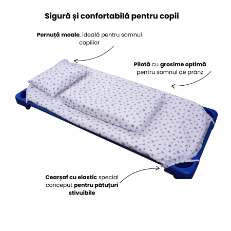 Lenjerie pat stivuibil grădiniță, 131x55x3 cm, 5 piese, set complet, bumbac 100%, confortabilă, multicolor, model Steluțe bleu [1]