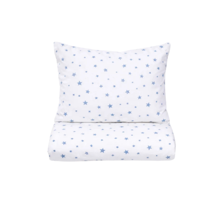 Lenjerie Pat Stivuibil Gradinita - Lenjerie pat stivuibil grădiniță, 131x55x3 cm, 5 piese, set complet, bumbac 100%, confortabilă, multicolor, model Steluțe bleu