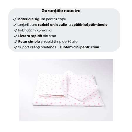Lenjerie pat stivuibil grădiniță, 131x55x3 cm, 5 piese,set complet, bumbac 100%, confortabilă, multicolor, model Steluțe Roz [5]
