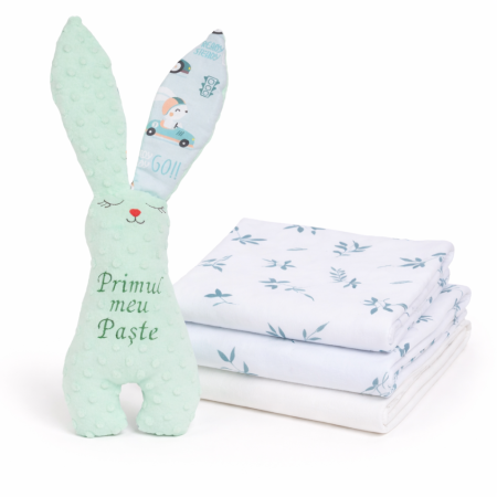 Cadouri - Pachet cadou bebelus Iepuras Paste plus verde menta si  3x scutece finet crengute