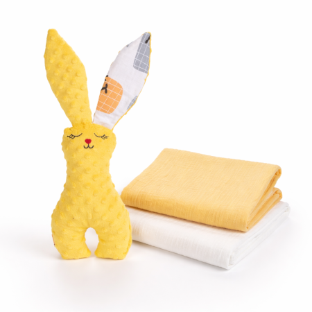 Cadouri - Pachet Cadou bebelusi Iepuras Paste si set 2x museline galbena si alb