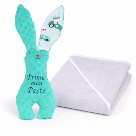 Cadouri - Pachet cadou bebelus Iepuras Paste turquoise si prosop muselina gri