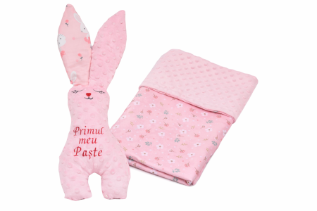 Cadouri - Pachet cadou Iepuras Paste si paturica model floricele si plus roz pal