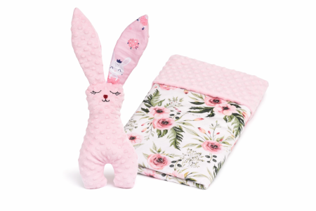 Cadouri - Pachet cadou Iepuras Paste si paturica model trandafiri, plus roz pal