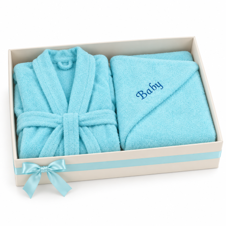 Camera Copilului - Pachet Halat de baie copii frotir bumbac 100% culoare bleu si Prosop frotir bumbac 100%, 75x75 cm culoare bleu