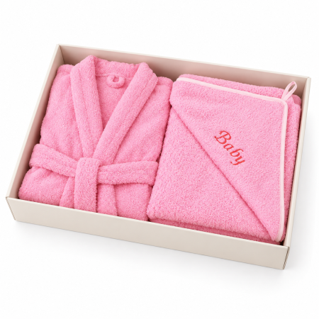Camera Copilului - Pachet Halat de baie copii frotir bumbac 100% culoare roz si Prosop frotir bumbac 100%, 75x75 cm roz