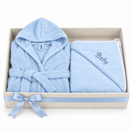 Pachet Halat de baie cu gluga frotir bumbac 100% culoare bleu si Prosop frotir bumbac 100%, 75x75 cm culoare bleu [0]