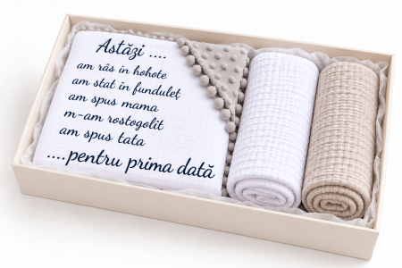 Set Cadou Nou Nascuti - Pachet Păturică aniversară "Evenimente speciale" cu minky gri și Set 2 museline din bumbac organic 100% alb si gri, 80x80 cm