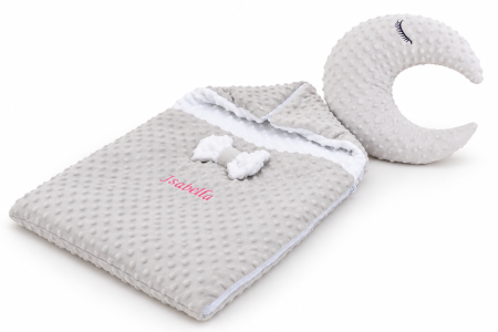 Set Cadou Nou Nascuti - Pachet Paturica saculet gros plusat alb/gri si Pernuta luna plus gri