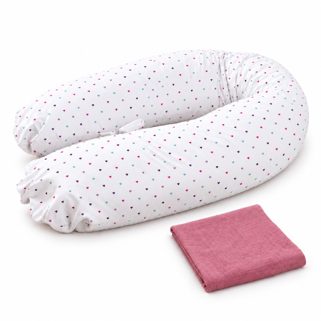 Pachet pernă pentru gravide, model Inimioare colorate+ muselină roz închis din bumbac organic [1]