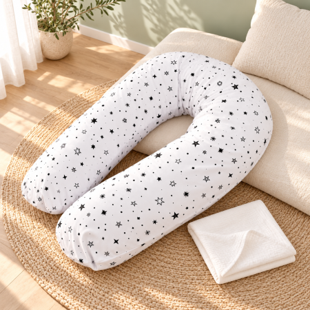 Pachet pernă pentru gravide, model Steluțe negre + muselină albă din bumbac organic [1]