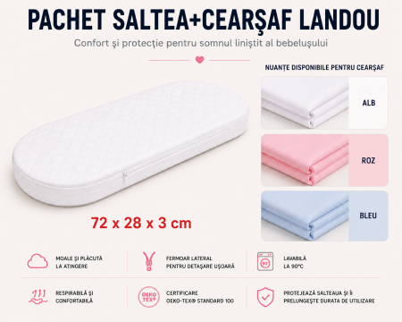 Lenjerie Landou / Lenjerie Cosulet Bebe - Pachet saltea landou + cearsaf 72x28x3 cm