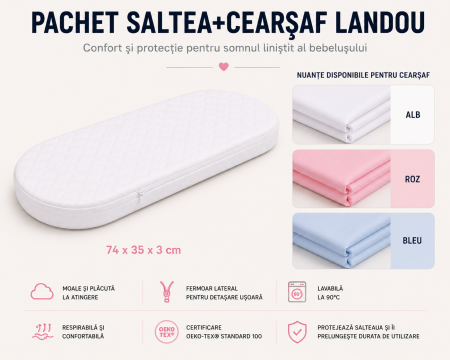 Lenjerie Landou / Lenjerie Cosulet Bebe - Pachet saltea landou + cearșaf 74x35x3 cm