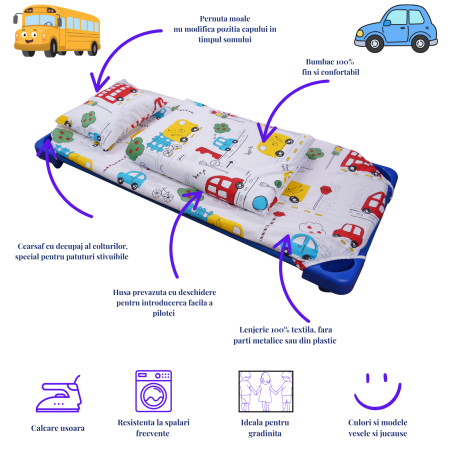 Pachet Set lenjerie 3 piese  bumbac 100% patut stivuibil model Masinute + protectie impermeabila [3]