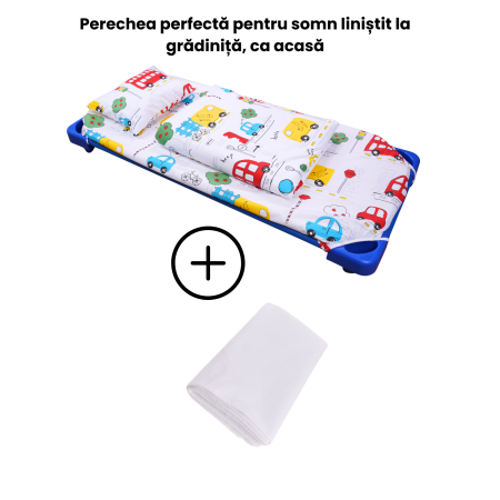 Pachet Set lenjerie 3 piese  bumbac 100% patut stivuibil model Masinute + protectie impermeabila [2]