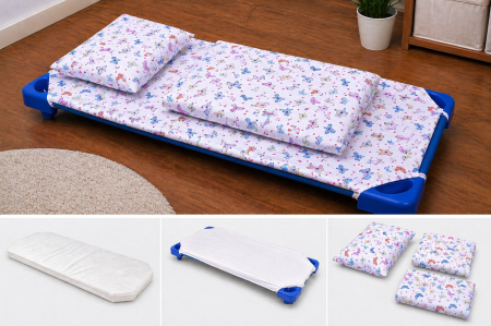 Lenjerie Pat Stivuibil Gradinita - Pachet Set lenjerie 3 piese model fluturasi patut stivuibil + saltea patut stivuibil + protectie impermeabila