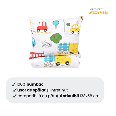 Pachet Set lenjerie 3 piese model masinuțe patut stivuibil + saltea patut stivuibil + protectie impermeabila [2]