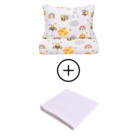 Lenjerie Pat Gradinita - Pachet Set lenjerie 3 piese patut incastrabil albinute + protectie impermeabila