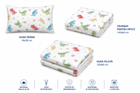 Pachet Set lenjerie 3 piese patut incastrabil dinozauri + protectie impermeabila [2]