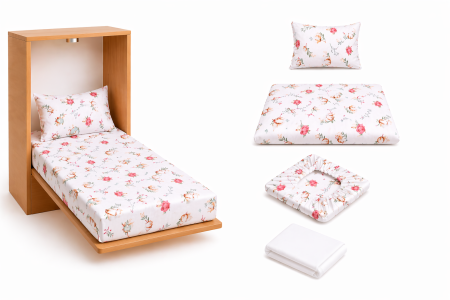 Pat Incastrabil - Pachet Set lenjerie 3 piese pătuț incastrabil flori de bumbac + protecție impermeabilă