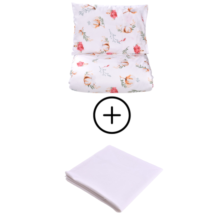 Lenjerie Pat Gradinita - Pachet Set lenjerie 3 piese pătuț incastrabil flori de bumbac + protecție impermeabilă