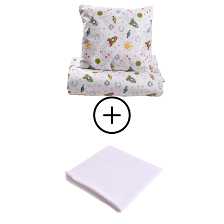 Pat Copii Gradinita - Pachet Set lenjerie 3 piese patut incastrabil rachete + protectie impermeabila