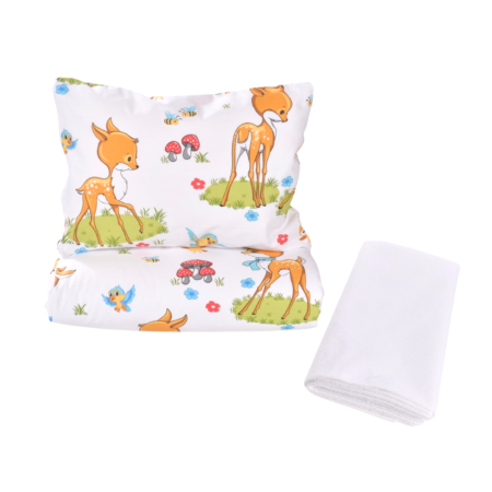 Lenjerie Pat Stivuibil Gradinita - Pachet Set lenjerie 3 piese patut stivuibil model caprioare + protectie impermeabila - Paturica fermecata