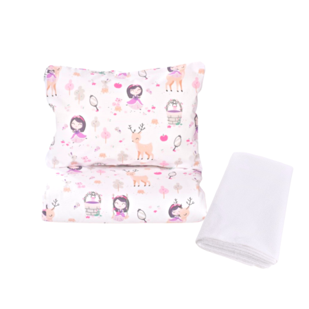 Lenjerie Pat Stivuibil Gradinita - Pachet Set lenjerie 3 piese patut stivuibil model fetite + protectie impermeabila - Paturica fermecata