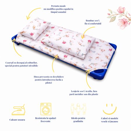 Pachet Set lenjerie 3 piese patut stivuibil model flori de bumbac + protectie impermeabila - Paturica fermecata [3]