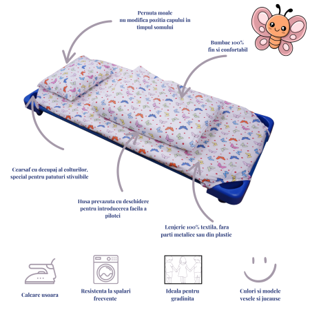 Pachet Set lenjerie 3 piese bumbac 100% pătuț stivuibil model fluturași+ protecție impermeabilă [2]
